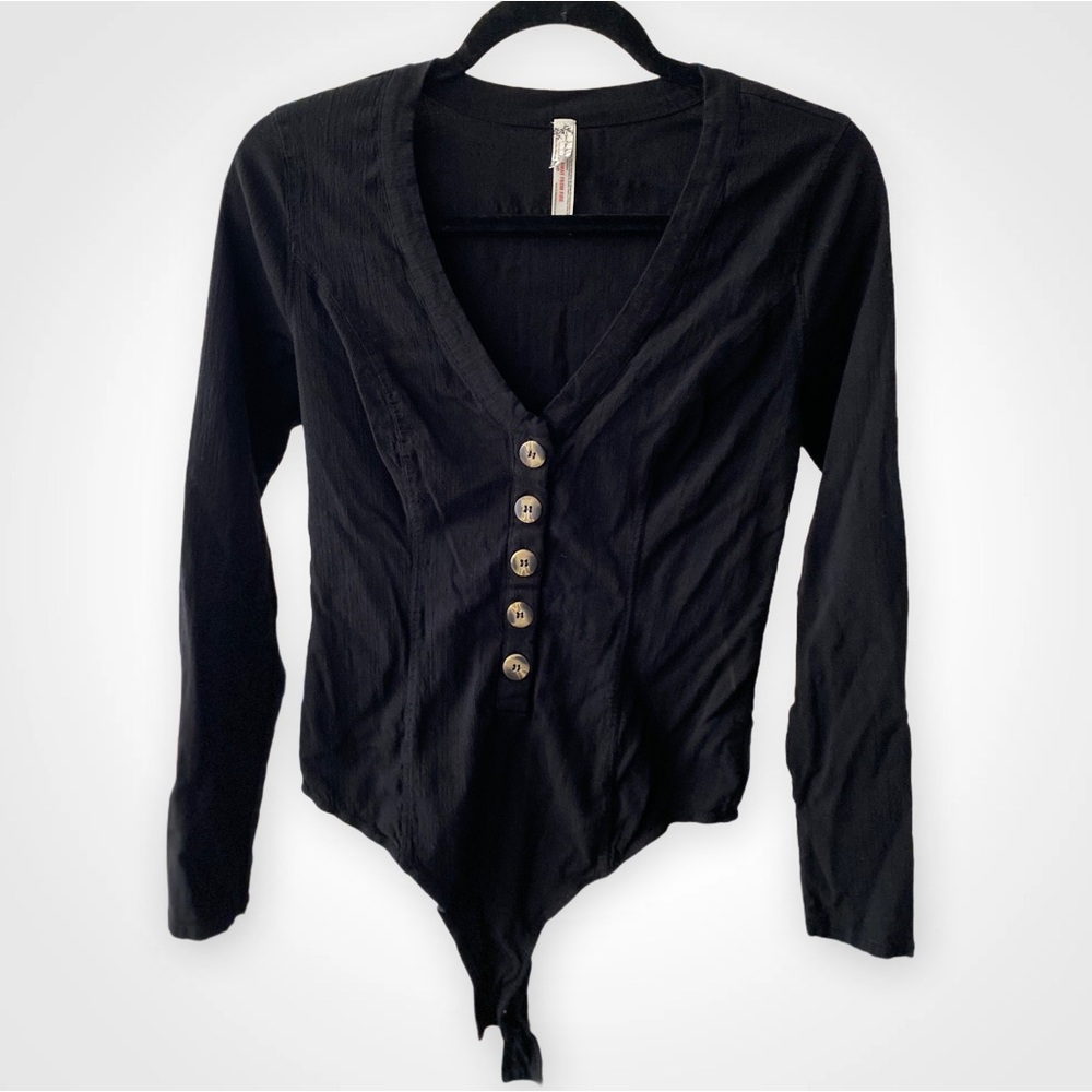 Free People Black Button-Up Bodysuit | Size Medium